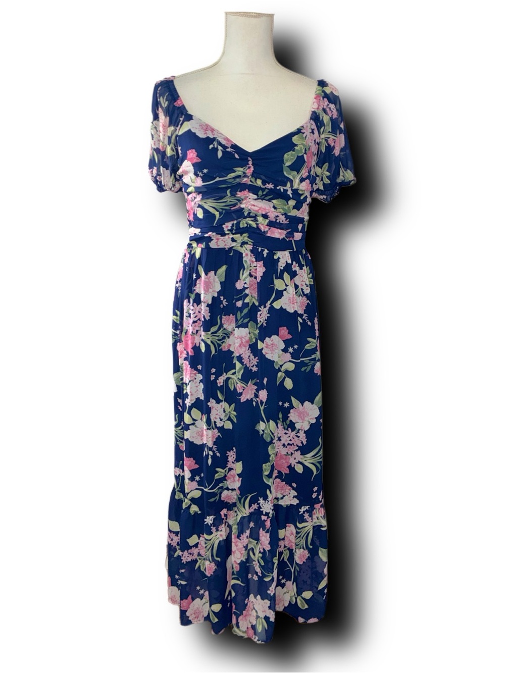 NWT Luxology Floral Navy Midi Dress with Sweetheart Neckline & Puff Sleeves